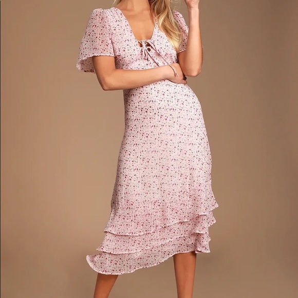 Lulus Renee Blush Pink Floral Print Ruffled Lace-Up Midi Dress!